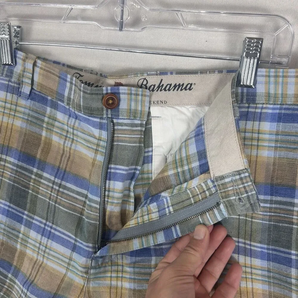 Tommy Bahama Mens Plaid Linen Shorts Size 34 Green Blue Island 10